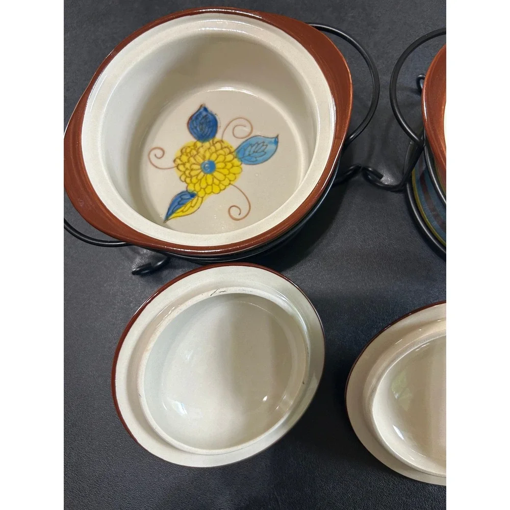 Temptations Mini Casserole Dishes SET/2 Striped Floral Lids & Wire Racks 9 oz‎